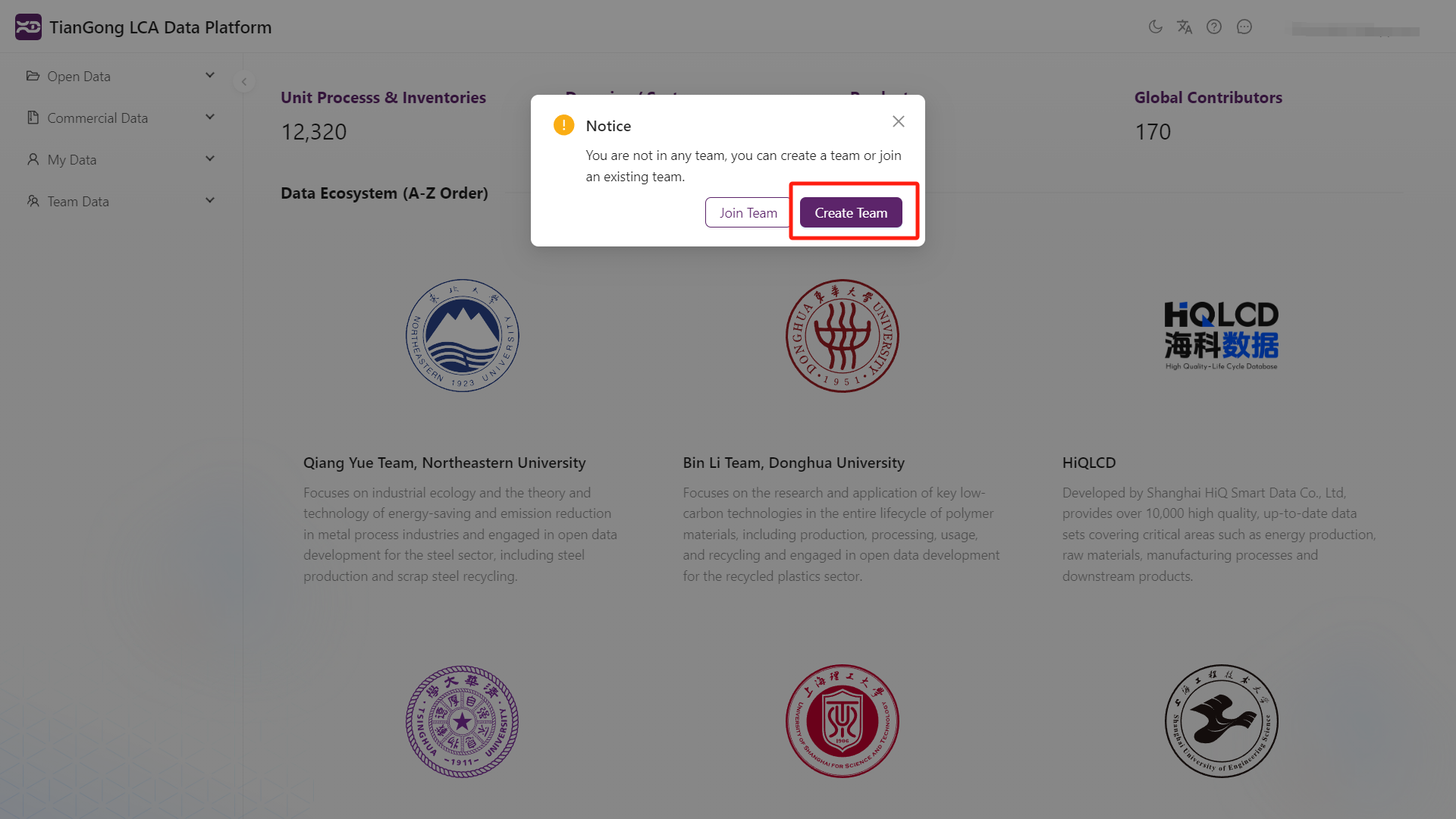 Create Team Button